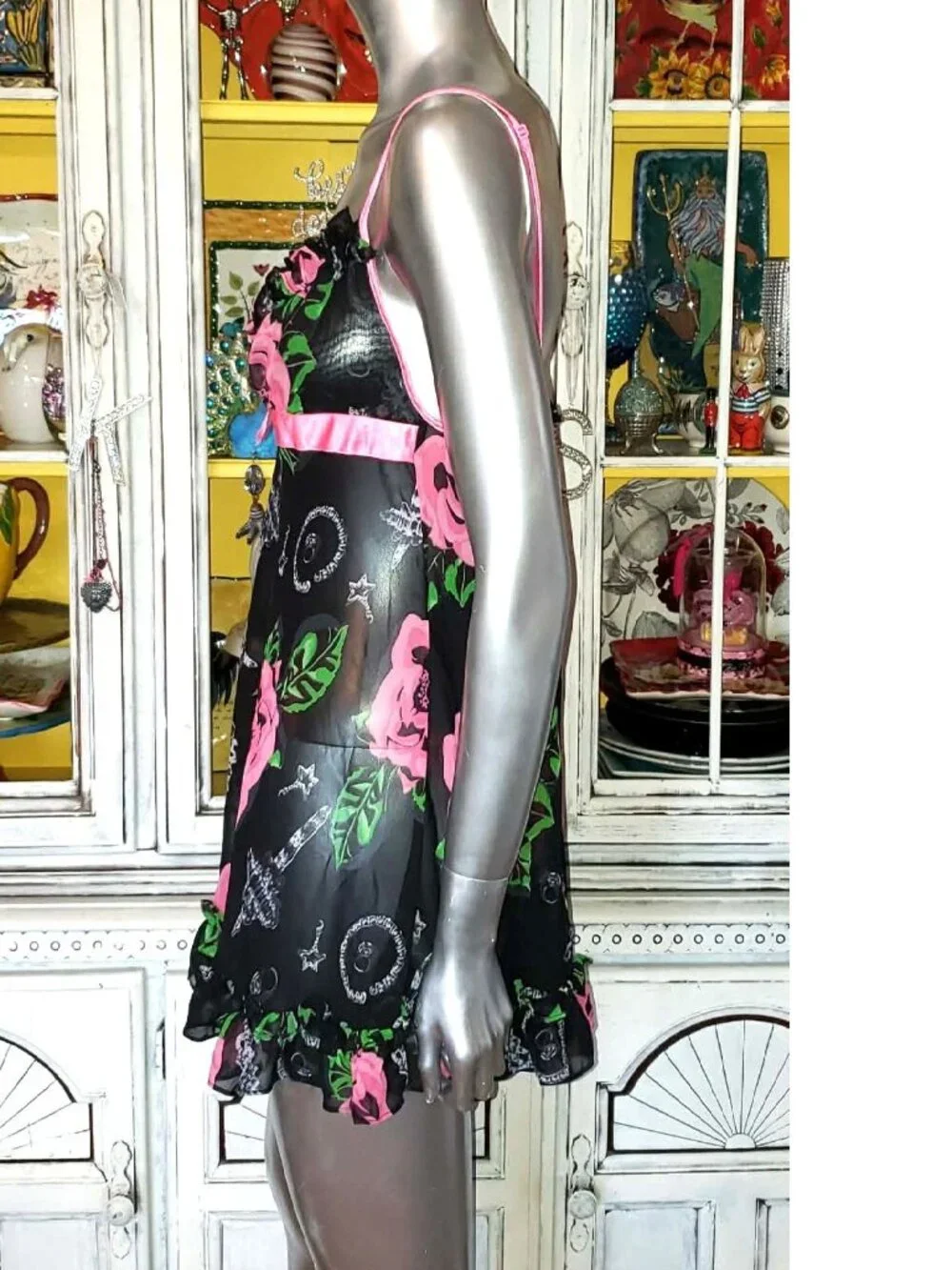 Vintage Betsey Johnson Slip Dress Y2K Black Floral Rose Jewelry Print Babydoll S - Picture 8 of 15